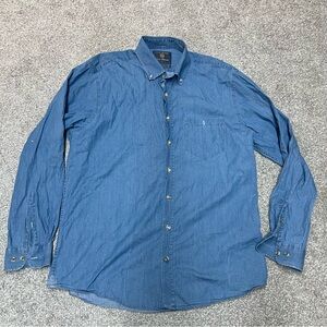 BROOK TAVERNER Shirt Mens Large Blue Chambray Denim Long Sleeve Cotton Button Up